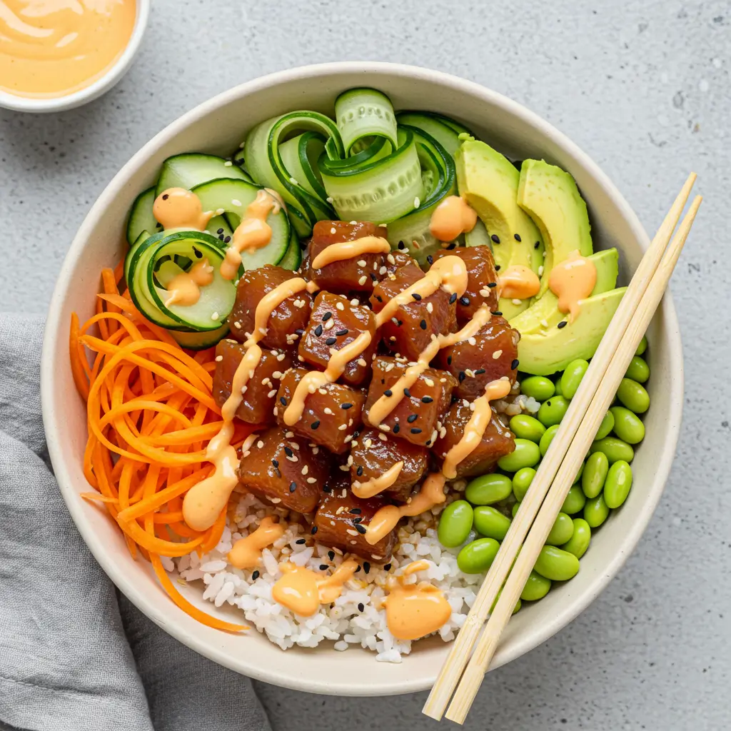 A colorful ahi tuna poke bowl with sushi rice, fresh vegetables, marinated tuna, and a drizzle of spicy mayo, served with chopsticks.