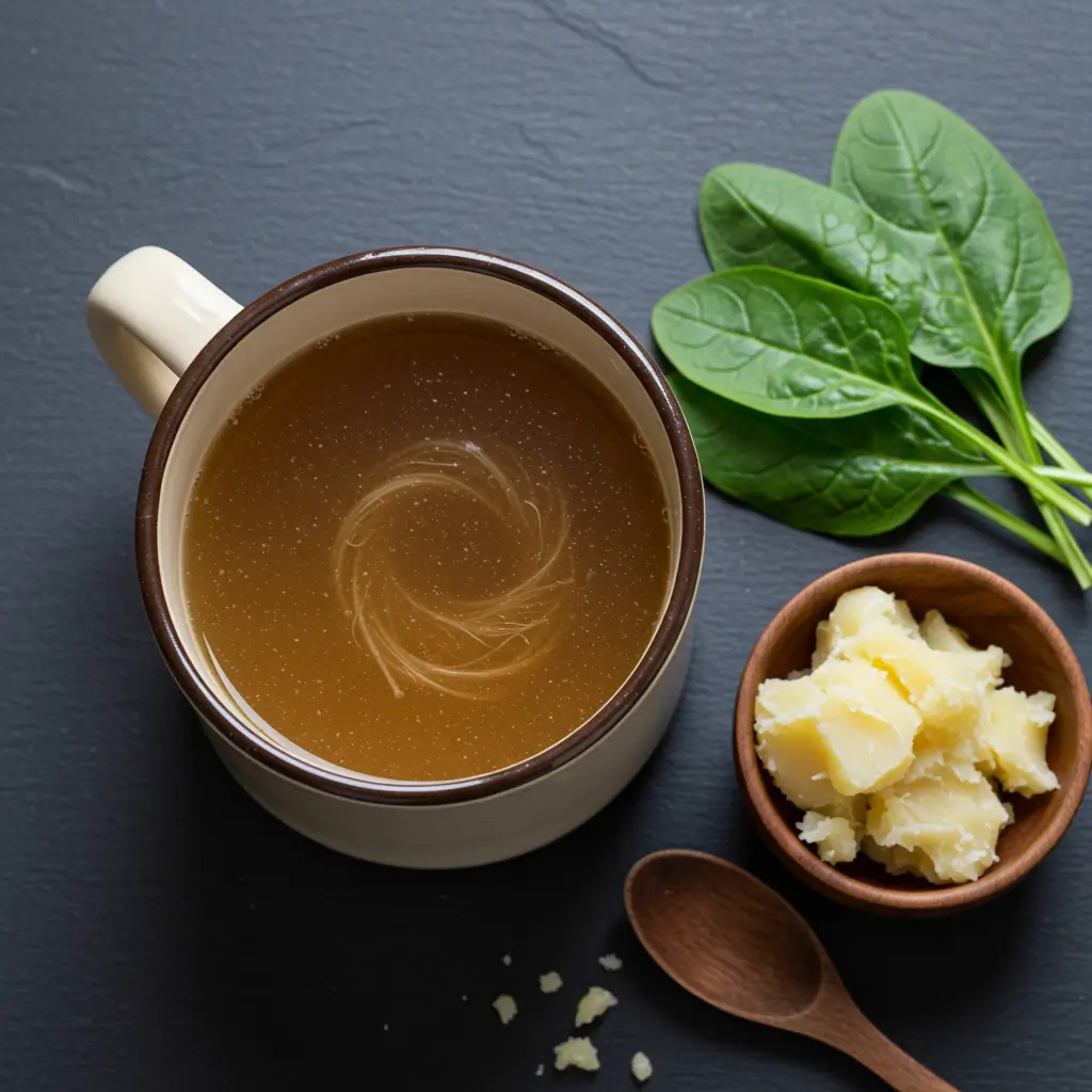 Bone broth with visible collagen and beef tallow with fresh herbs