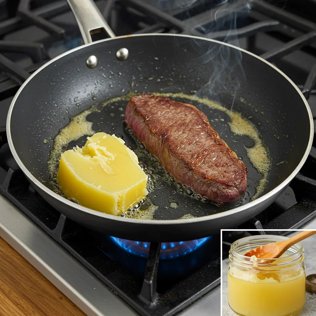 Beef tallow sizzling in a pan while cooking a steak