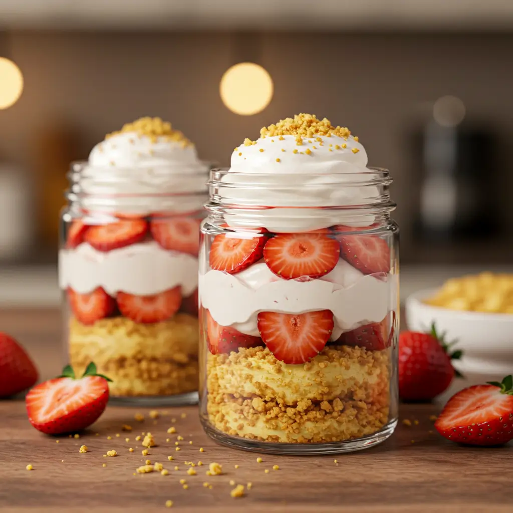 Strawberry shortcake parfait in a clear glass jar with layers of whipped cream, fresh strawberries, and golden shortcake crumbs.