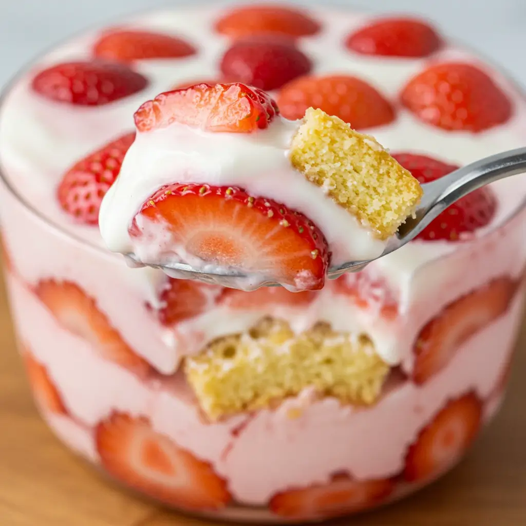 Close-up of a spoon lifting a bite of strawberry shortcake parfait with strawberries, yogurt, and shortcake layers