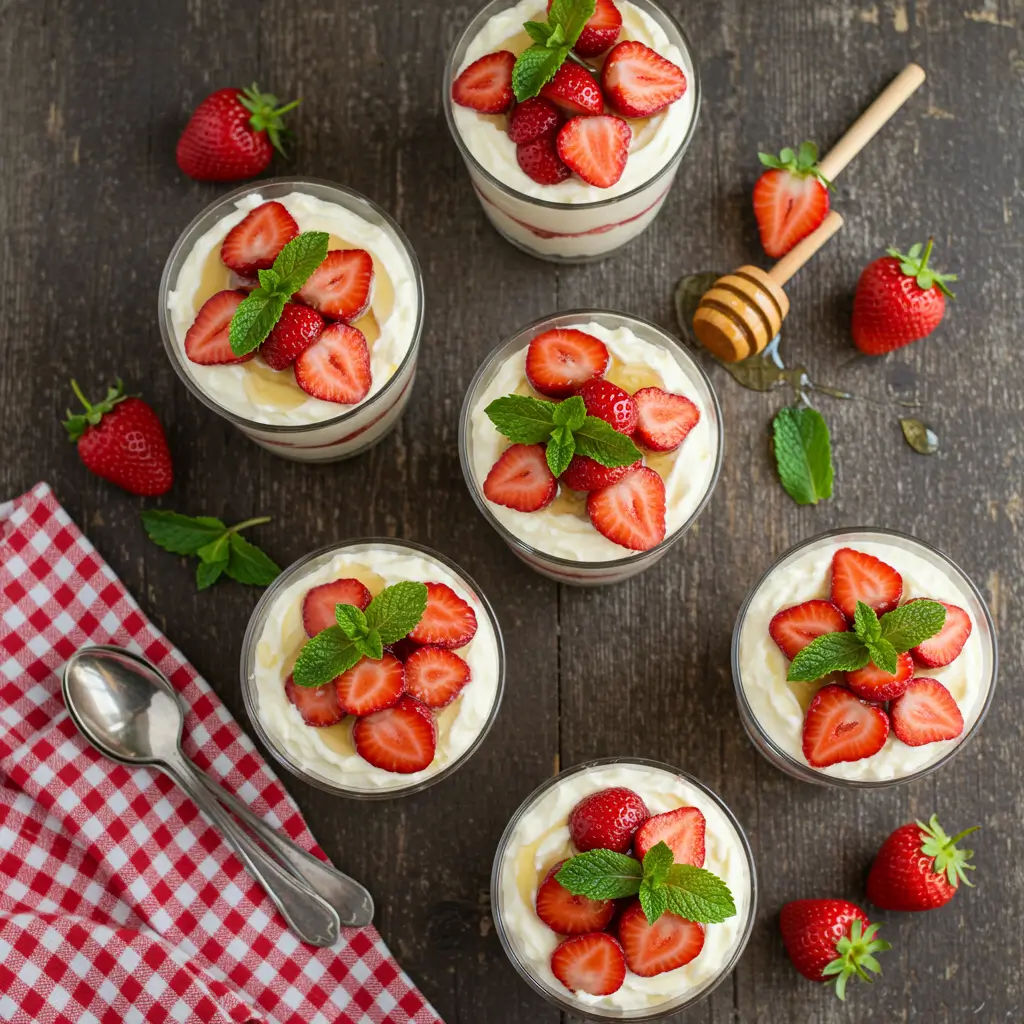 Multiple strawberry shortcake parfaits on a rustic table, garnished with mint leaves and honey drizzle