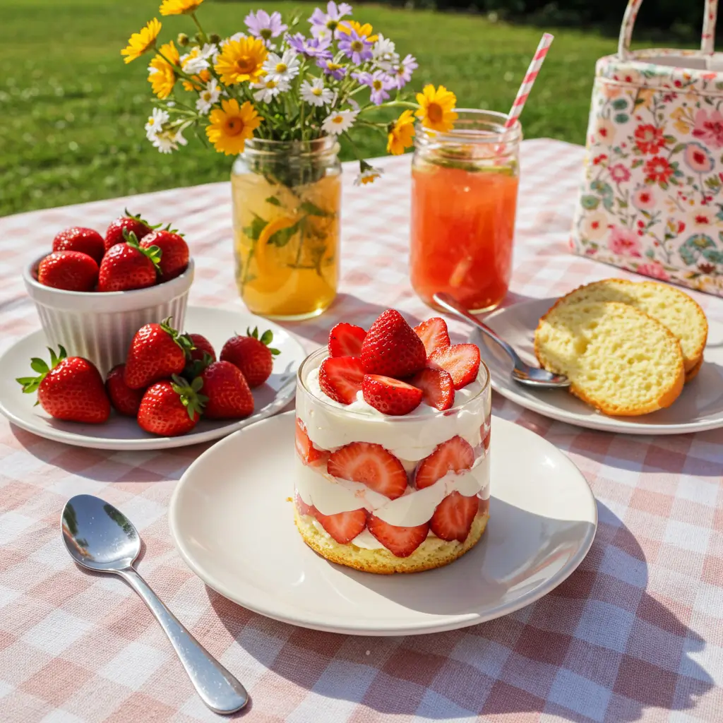 Summer picnic setting with strawberry shortcake parfait, fresh strawberries, and a refreshing drink