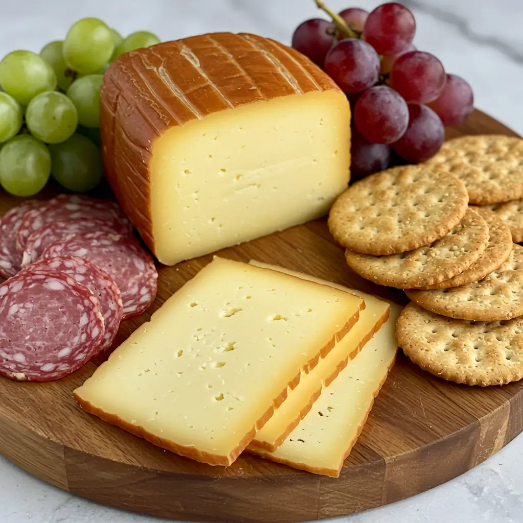 Rustic charcuterie board with smoked provolone cheese slices, crackers, grapes, and cured meats, elegantly arranged for a gourmet presentation.