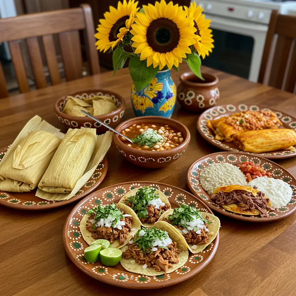 A family sharing Mexican comfort food, including tamales, pozole, and tacos, at a cozy kitchen table.