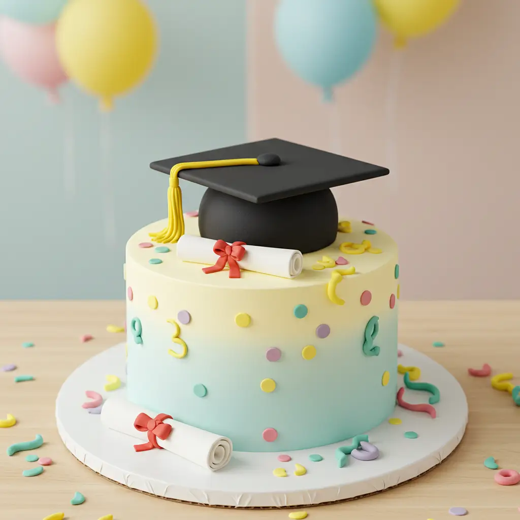 Beautiful graduation cake with custom decoration and vibrant colors, perfect for your graduation party.