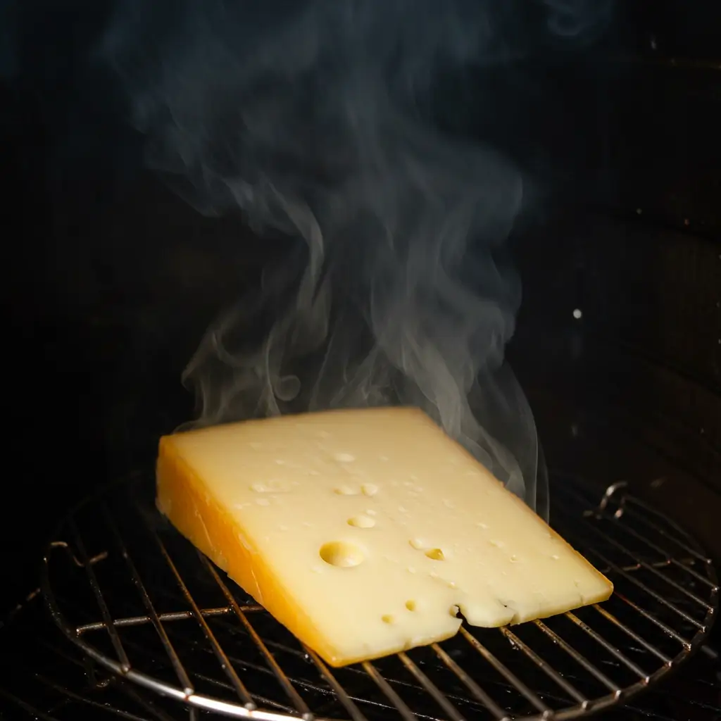 Provolone cheese placed inside a smoker on a wire rack, with gentle applewood smoke rising to infuse its rich flavors.

