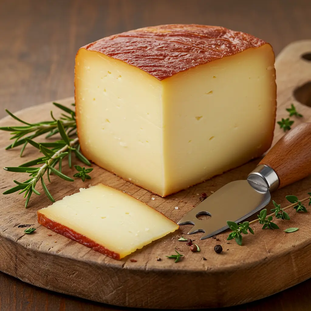 Wedge of smoked provolone cheese with a slightly darkened, smoky outer layer, resting on a wooden board with a cheese knife and fresh herbs.

