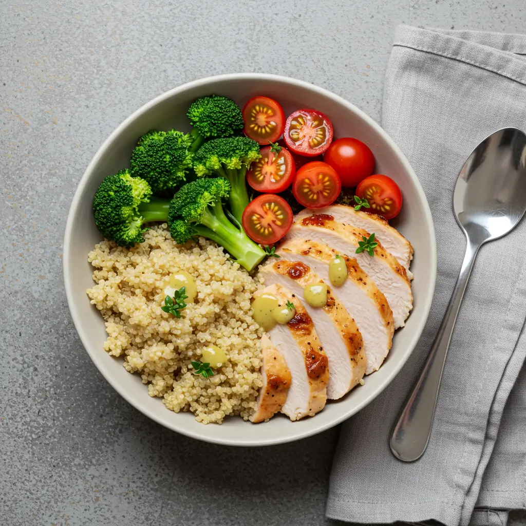 A bowl filled with sliced turkey breast, fluffy quinoa, steamed broccoli, and cherry tomatoes, drizzled with a light dressing.