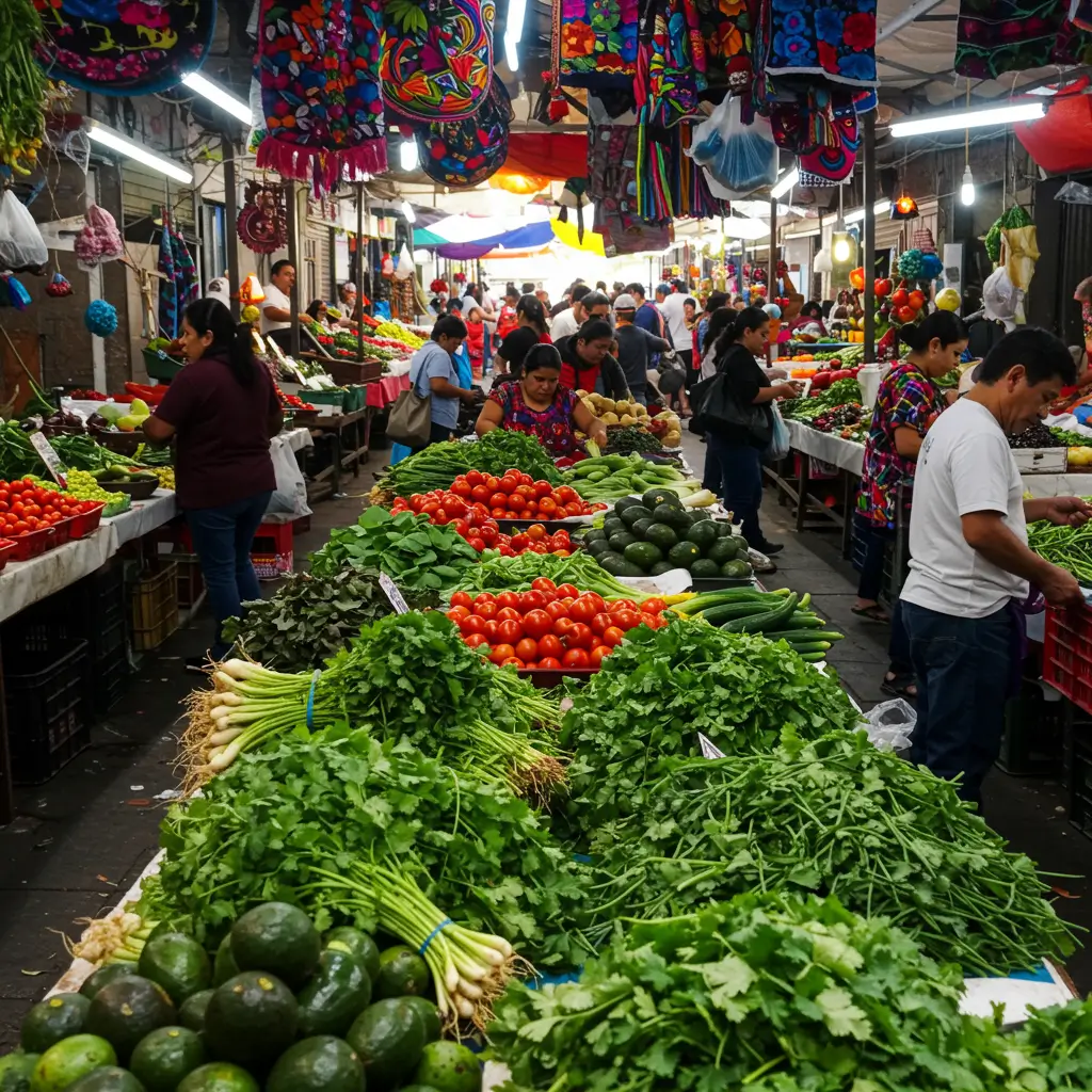 A lively Mexican market with fresh vegetables, fruits, and produce in bright, colorful stalls.