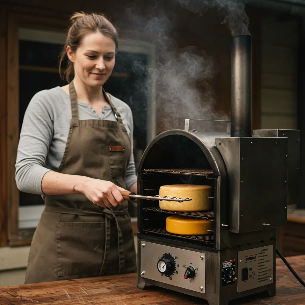 Person using a cold smoking technique to flavor provolone cheese, ensuring the temperature stays low for perfect smoking results.