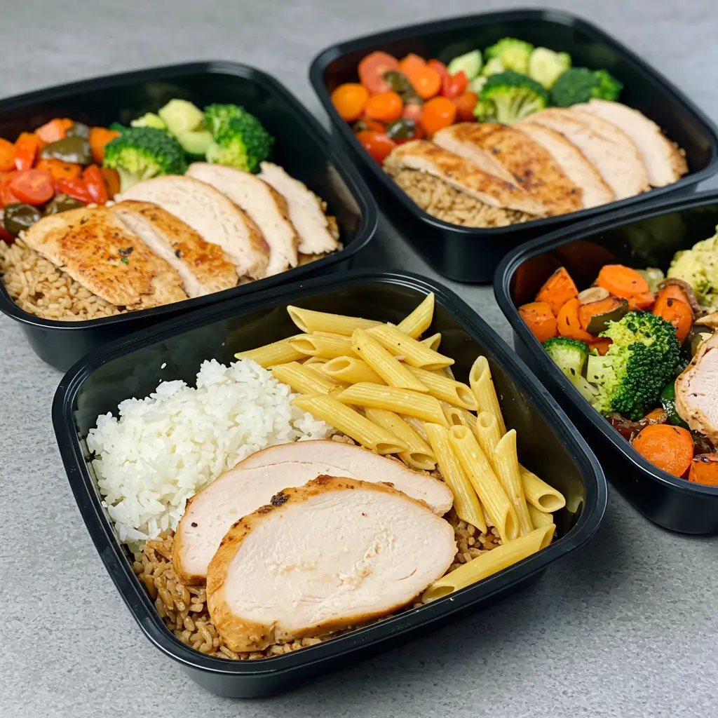 Three meal prep containers with turkey and rice, turkey and pasta, and turkey with roasted vegetables, neatly arranged on a kitchen counter.