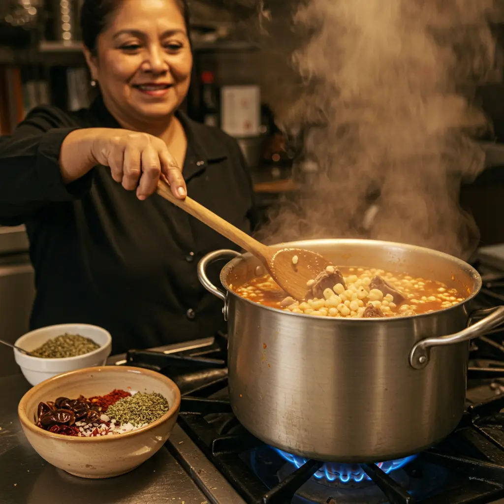 A cook stirring pozole with hominy and pork simmering in a large pot on the stove.