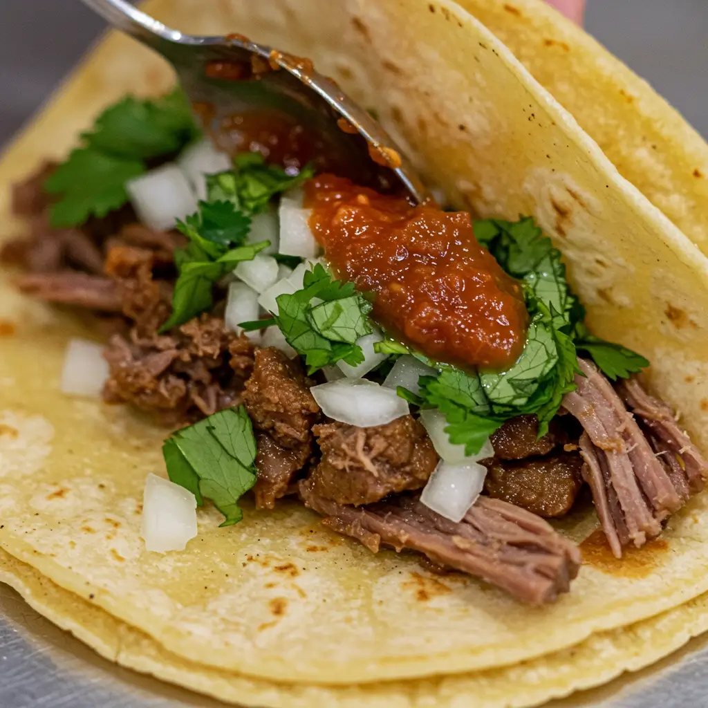 Close-up of a taco being filled with marinated pork, cilantro, and salsa on a soft corn tortilla.