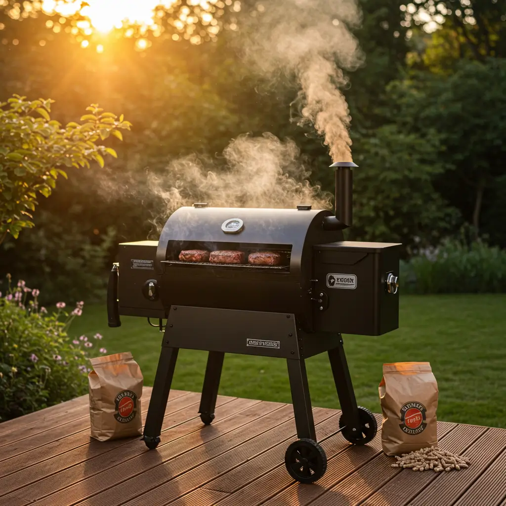 Pellet grill smoking while grilling steaks on a backyard deck during sunset.