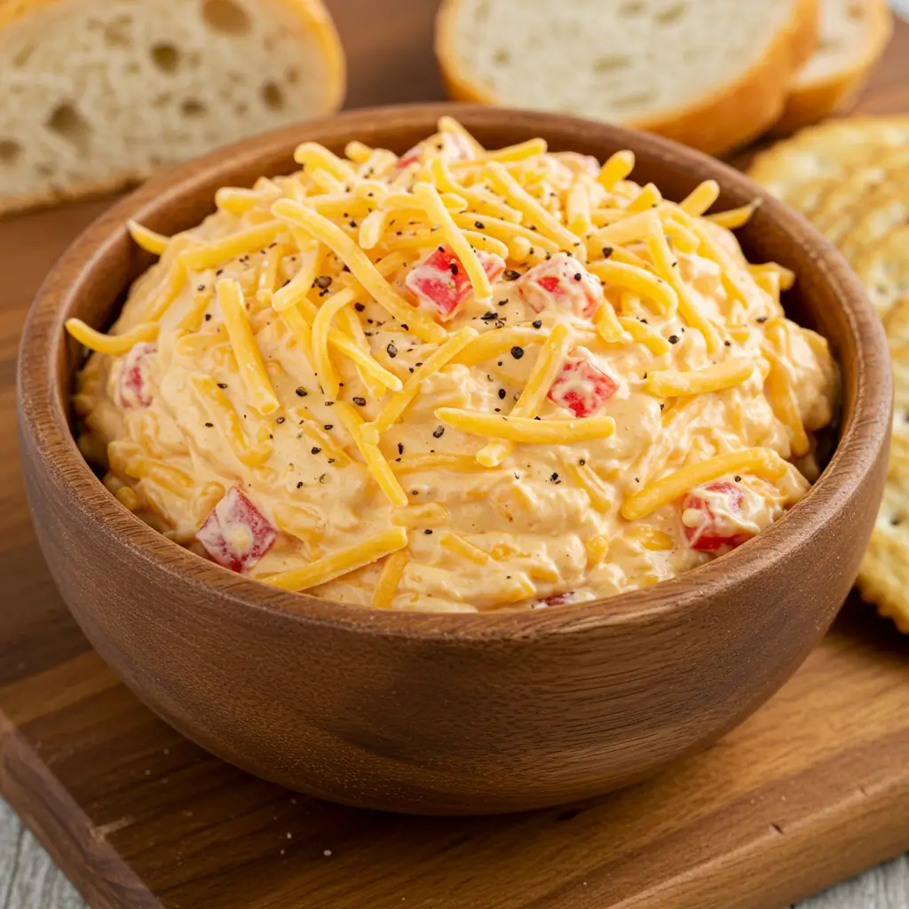  A bowl of homemade pimento cheese with shredded cheddar and diced pimentos, placed on a wooden board with crackers and bread slices.