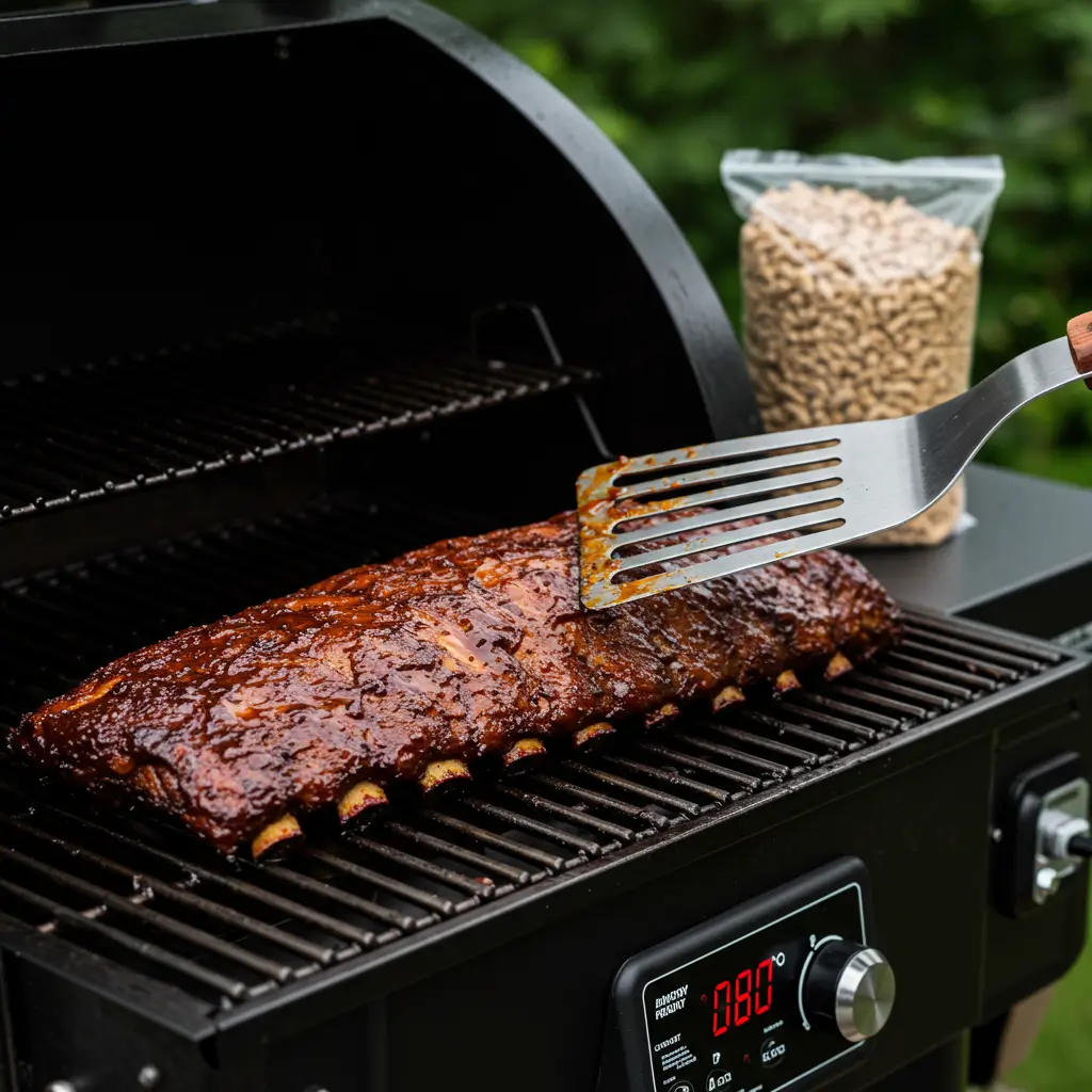 Smoked ribs on pellet grill with a glaze, ready to be flipped.