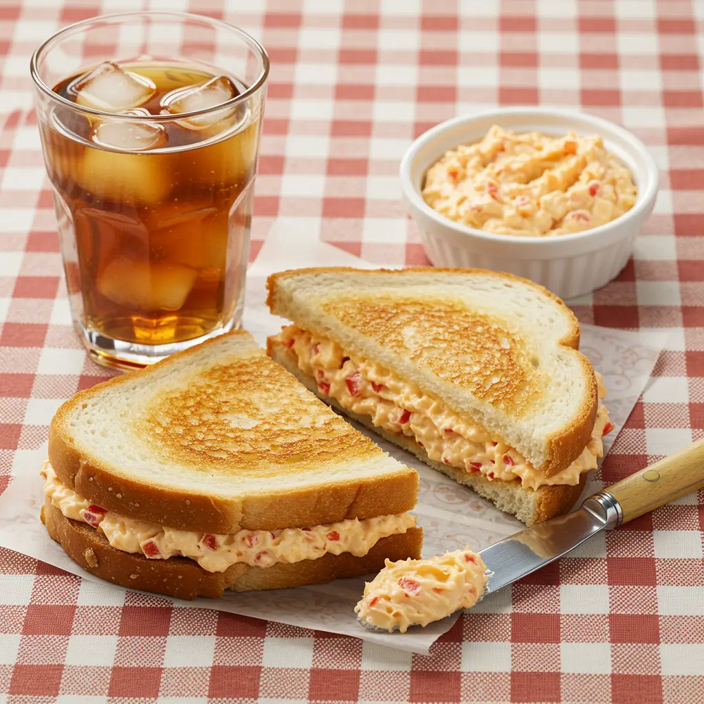 A pimento cheese sandwich on toasted bread, cut diagonally, placed on a checkered tablecloth with a glass of iced tea beside it.