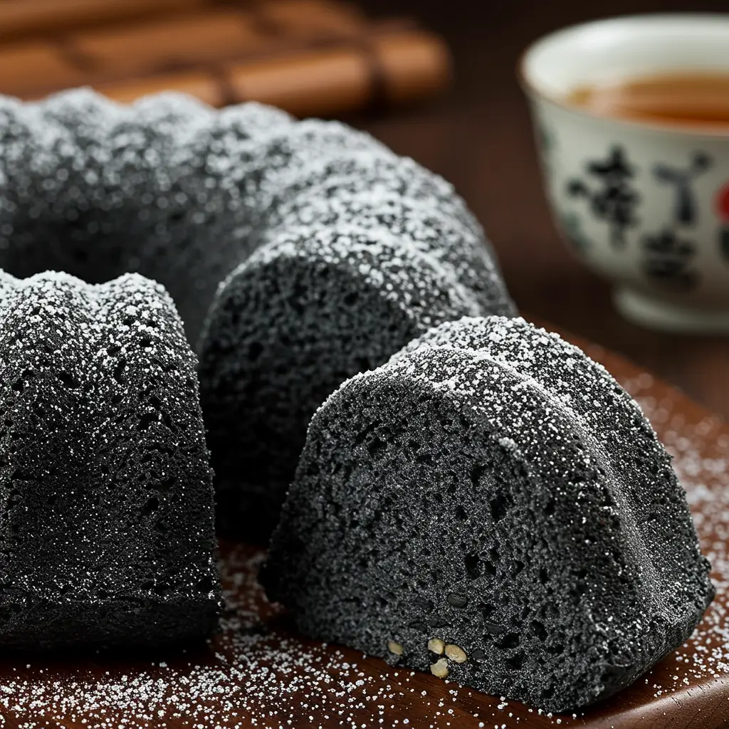 A slice of black sesame cake, showcasing its moist texture and rich dark color, topped with sesame seeds for an added nutty flair.